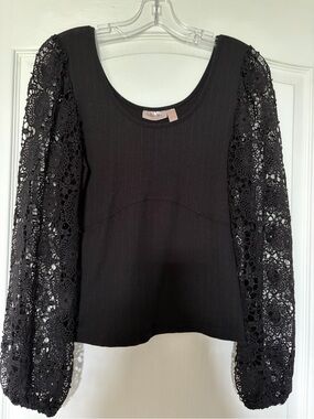 Black Ribbed Top with Lace Balloon Sleeves